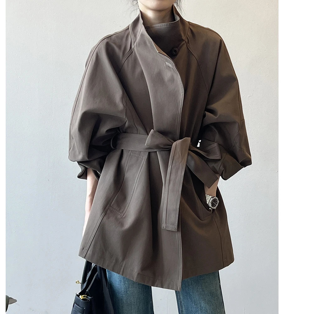 2025 Women Autumn Khaki Trench Coat Stand Collar Women Loose Style Coat With Belt Casaco Feminino Trench Femme 251226