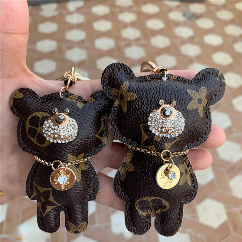 Chains Accessories Fashion Rhinestone Key Ring PU Leather Bear Pattern Car Keychain Jewelry Bag Charm Animal Keyring Holder 3 Color 444