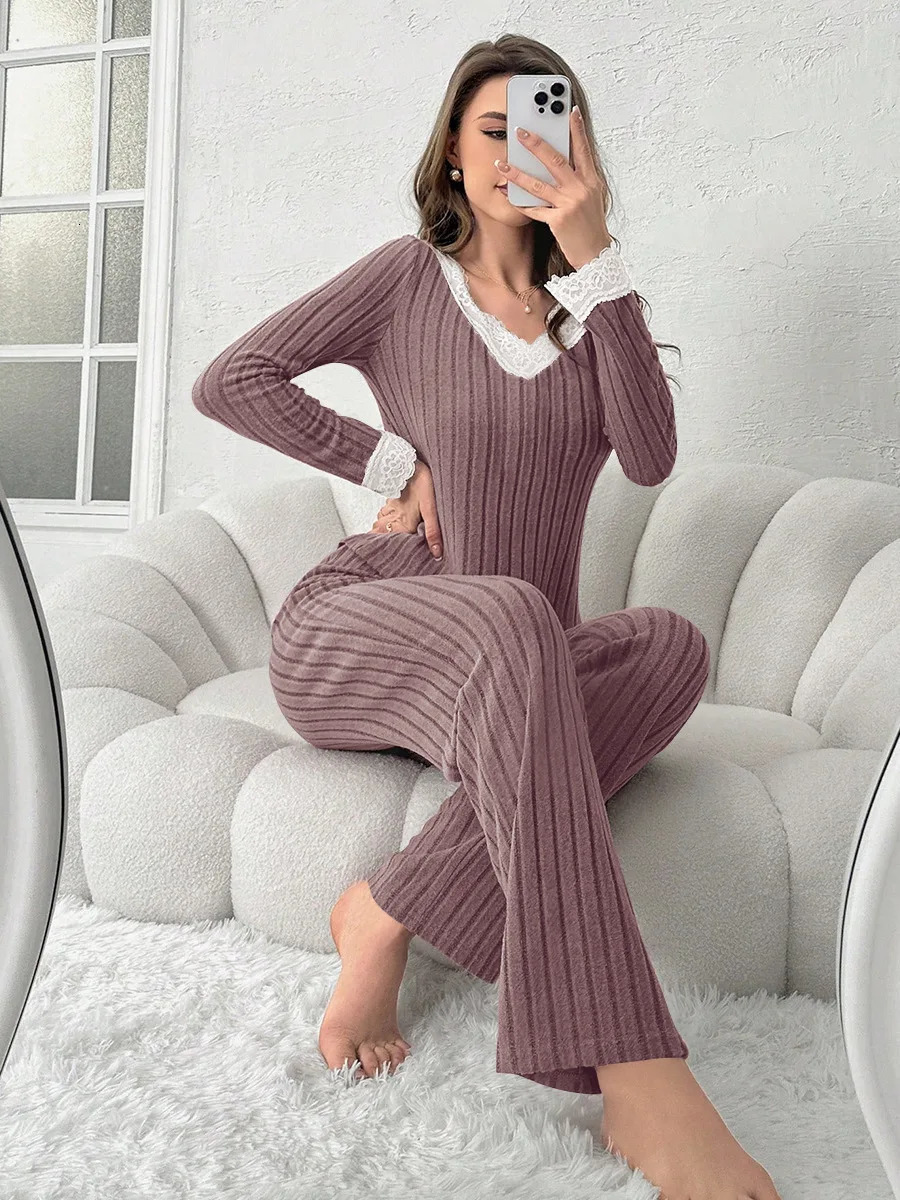 Autumn Winter Pyjama Set for Womens Sleepwear 2Piece Thickened Long Sleeve Top and Trousers Comfortable Loungewear 251231