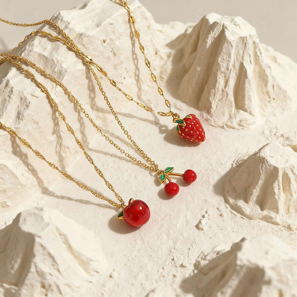 Cross-Border Jewelry Apple Cherry Pendant Necklace Stainless Steel Accessories for Women Light Luxury Niche High-End Feel Wholesale