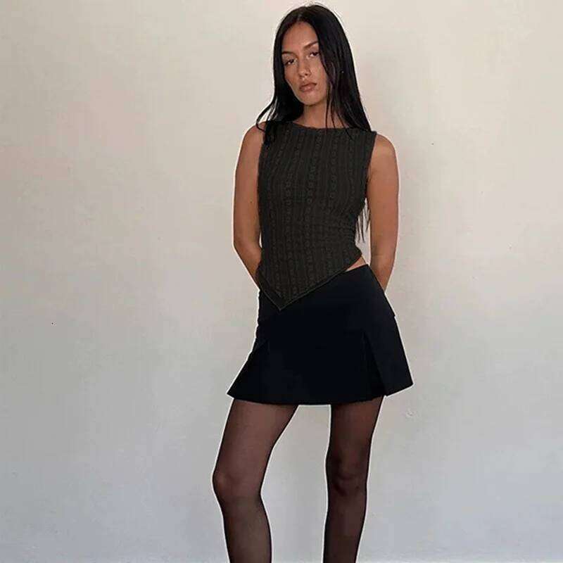 Women's T-shirt, monochrome irregular sleeveless basic vest, Gothic casual club aesthetic clothing, streetwear