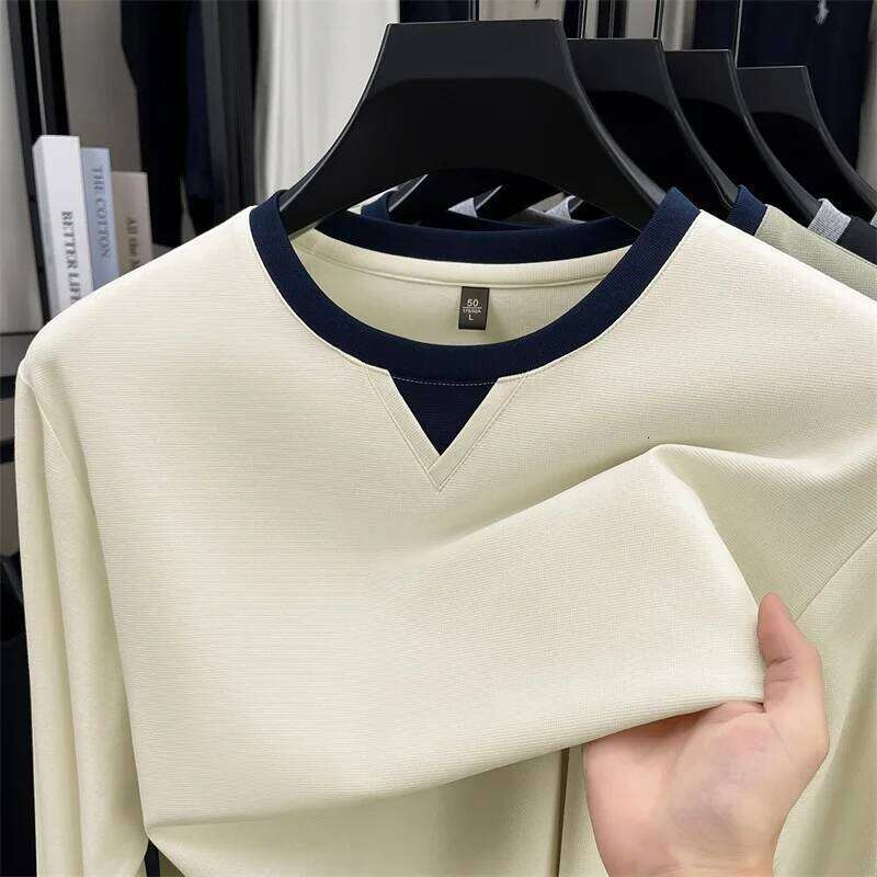 Fashion luxury men's long sleeve T-shirt spring autumn soft comfort leisure high-quality personality patchwork round neck top