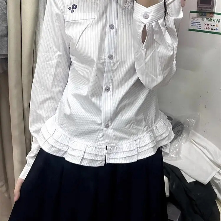 Japanese Sweet Academia Shirt Women Striped Long Sleeve Blouse with Ruffle Hem Y2K Vintage School Style Top Kawaii Unique De 251231