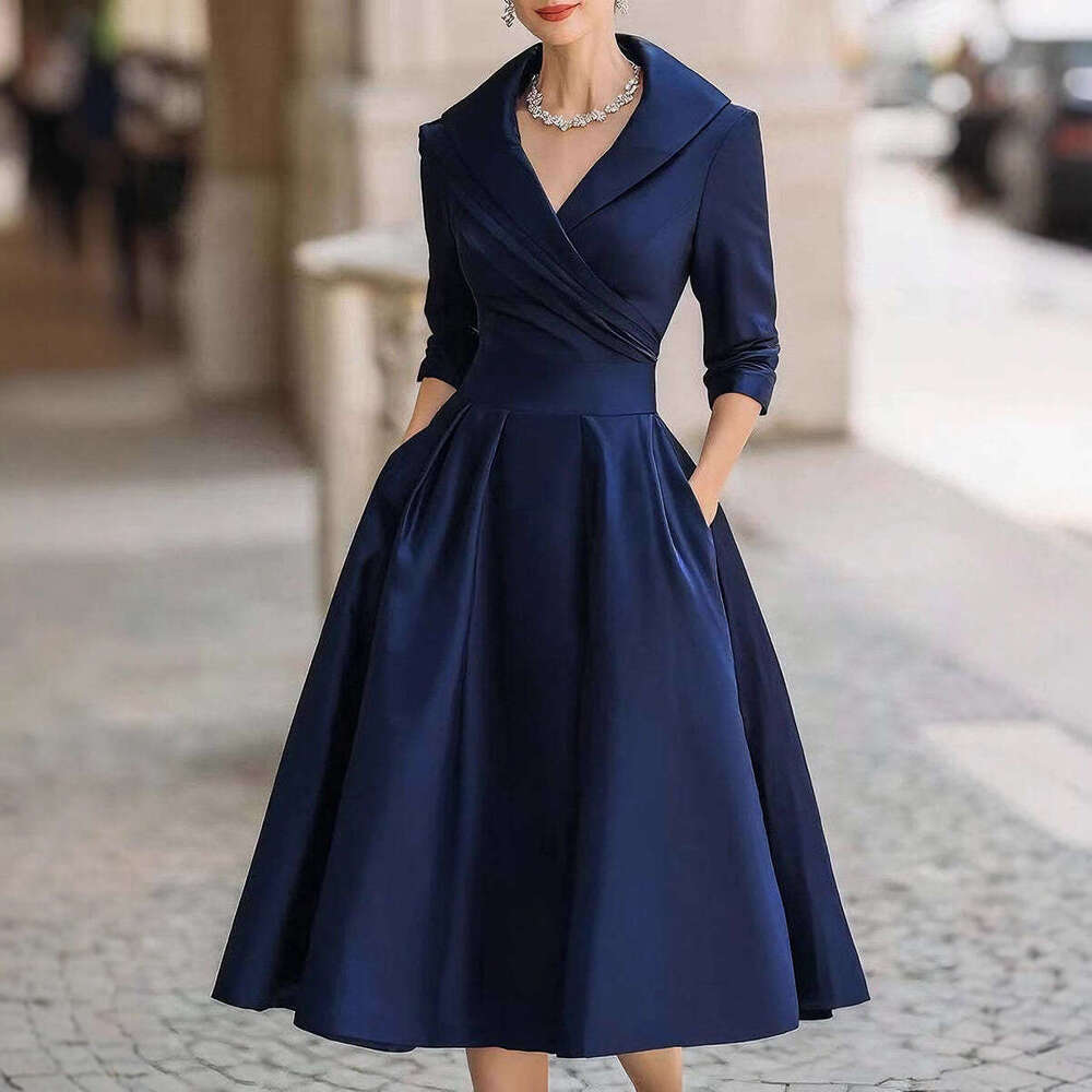Satin Waist-Cinching Slimming Elegant Long Sleeve Dress for Women 2026 European American Style for Wedding & Evening Party