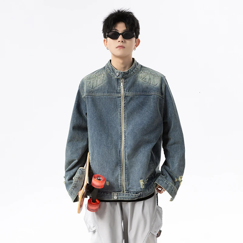 Men Cool Handsome Stand Collar Moto Denim Jackets Slim Fit PU Coats High Quality Male Punk Style Casual Zip 251230