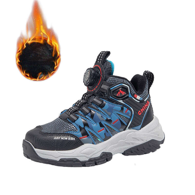 Boys Winter Fleece-Lined Cotton Rotating Button Hiking Shoes Cool Thick-Soled Fashionable Outdoor Footwear for Teenagers