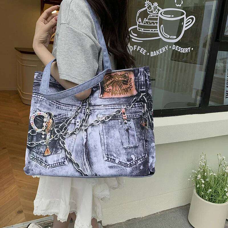 Denim Printing Handbag 2026 Hot Sale Trend Casual Youth Tote Light Luxury Fashion Sewing Thread Sweet Shoulder Bags