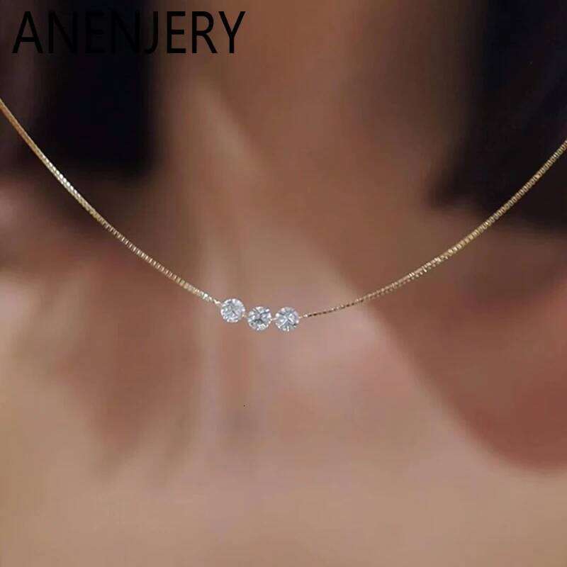 ANENJERY Three Zircon Thin Necklace for Women Simple Clavicle chain Delicate Elegant Jewelry Gifts Wedding 26L0104