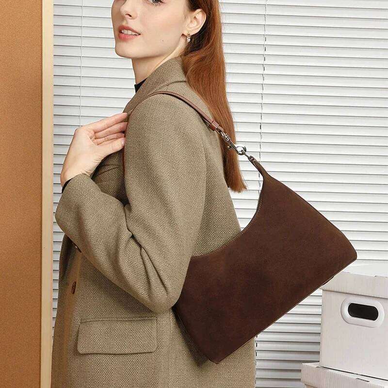 Simple Retro Autumn Winter Genuine OL Brown wine Roomy Soft Matte Suede Cow Leather Women's Handbag Shoulder Bag