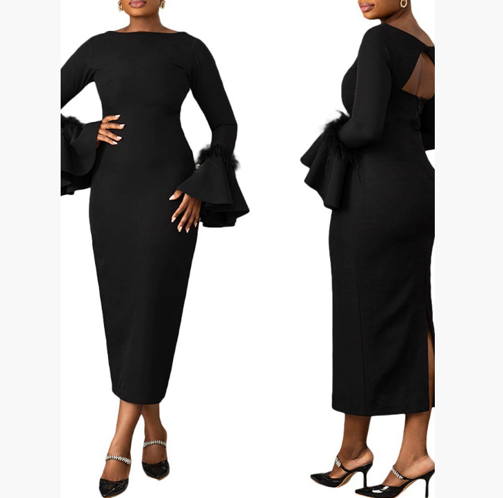 New European and American women's clothing autumn and winter new product solid color slim fit feather trumpet sleeve slit dress