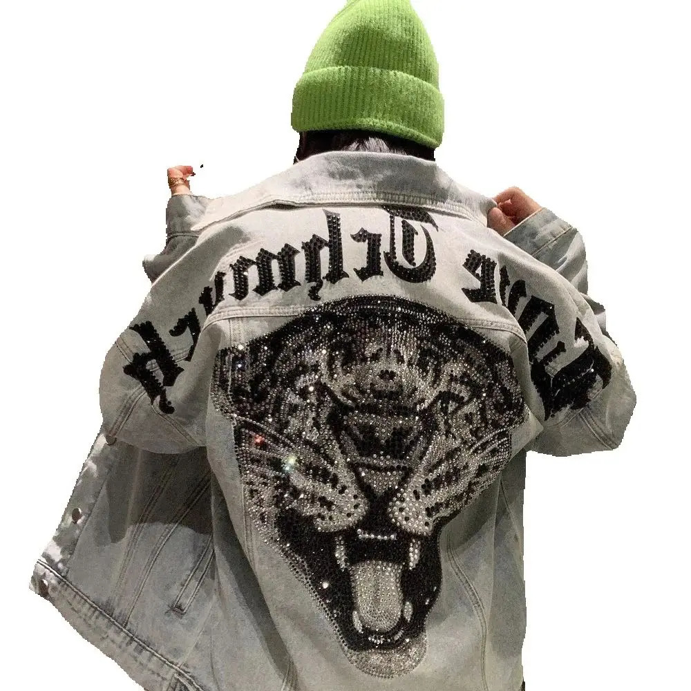 High Street Hole Denim Jacket Spring Autumn Menwomen Loose Outerwear Domineering Leopard Diamonds Trendy Handsome Jean Coat 251230