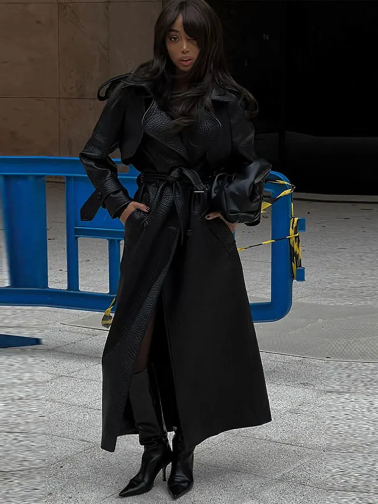 Fashion Retro Leather Womens Coats Casual Loose Turndown Collar Long with Belt Women Elegant Windproof Overcoat 251231