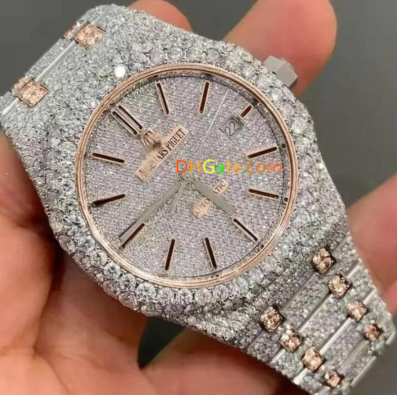 Moissanite Watch Full Iced Crystal Diamond Rhinestone Dial Ring Quartz Automatic Date Designer Men's Time Clock Stainless Steel Luxury Watches Dropship