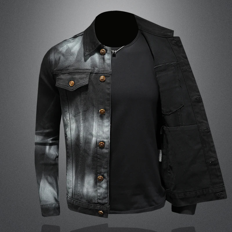 Fashionable Washed Denim Jacket Men Trend Gradient Jackets Mens Slim Fit Lapel Casual Business Clothing 251230