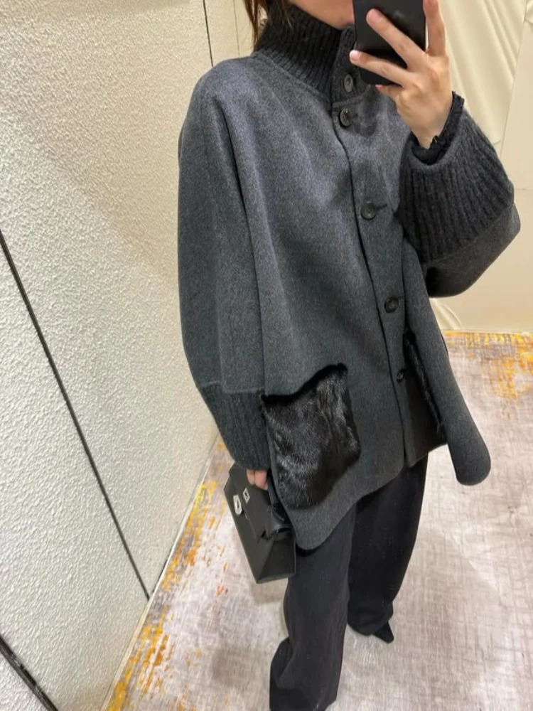 Loose Knit Fur Womens Sweater Casual Standup Collar Long Sleeve Single-breasted Female Cardigan 2025 Winter Pocket Knitwear 251225