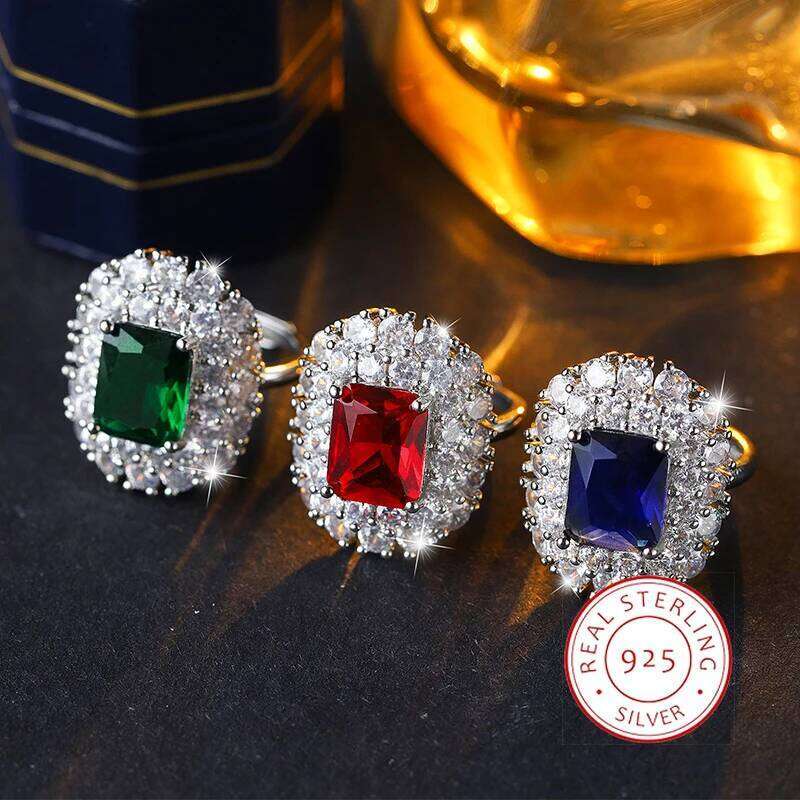 2026 Fashion Adjustable Zircon Ring for Women Green/Yellow/Blue Sparkling 925 Silver Plated Open Band Gift Jewelry