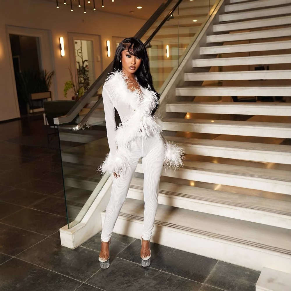 2025 Feather Patchwork Suit Fashion Casual Womens Sets Long Sleeve Tops and Pants Sexy Pink Elastic Two 2 Piece Set Outfits 251022