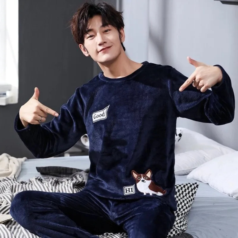 Autumn Winter Coral Fleece Pajamas for Man Round Neck Long Sleeve Lounge Sets 2 Piece Fashion Printing Home Suit 251231