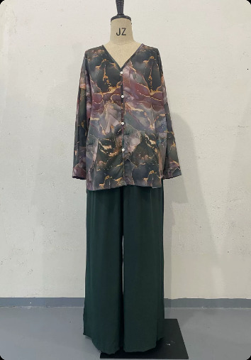 Retro Marble Print Loose Women Outfit Spring V Neck Button Blouse Shirt Pleated Pants 2pcs Autumn Long Sleeve Female Suits Set 240820
