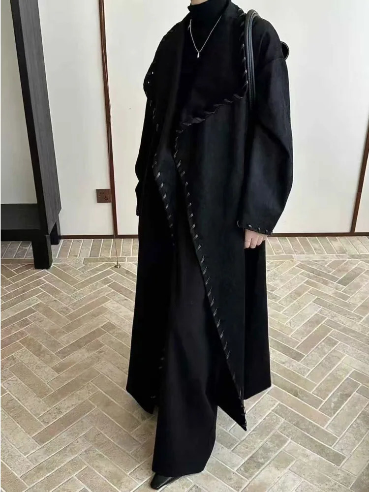 BJTZ Fashion Vintage Trench Coat For Woman 2025 Autumn Laceup Tiewaist Big Lapel Loose Fit Windbreaker 251231