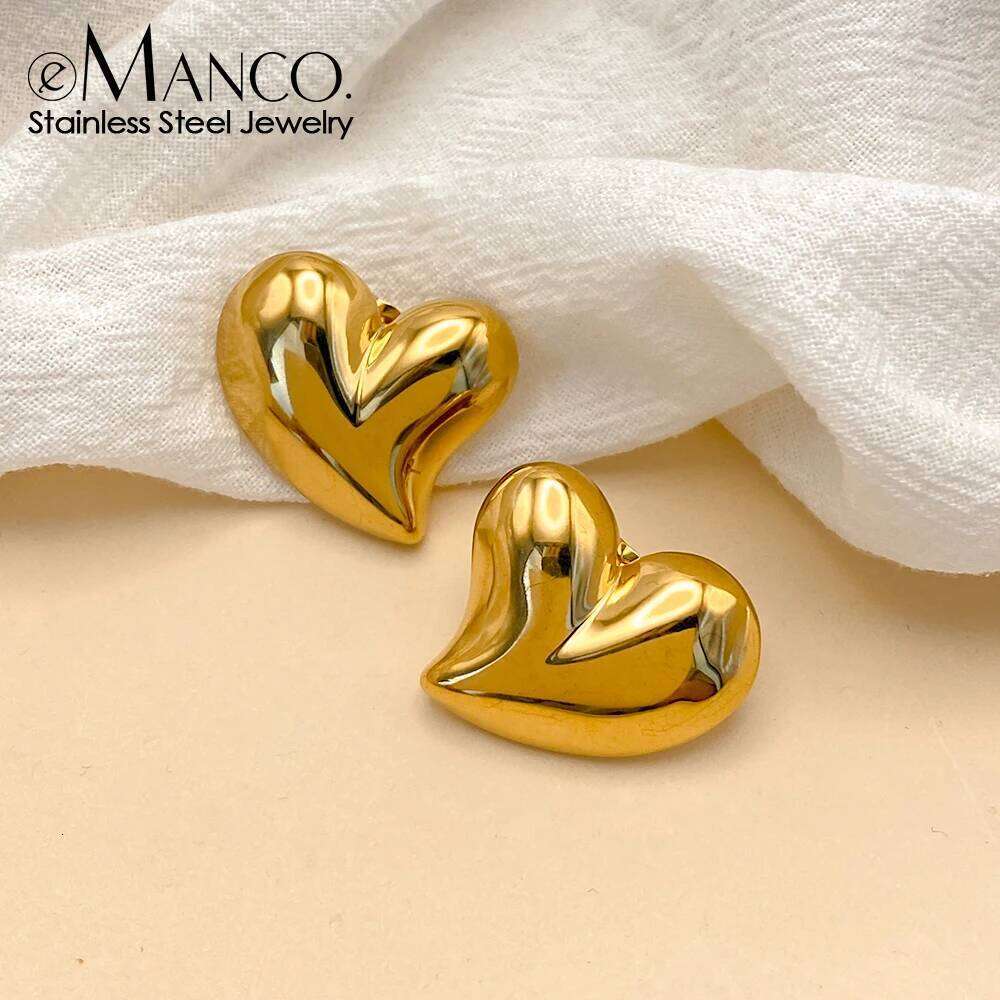 eManco High Quality Punk Chunky Large Heart Stud Waterproof 18k Gold Plated Stainless Steel Earrings for Women