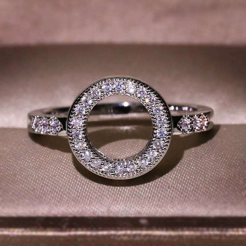 Luxury Excellent Round Zircon Silver AAAA Crystal Inlaid Ring Female Wedding Bride Simple Jewelry