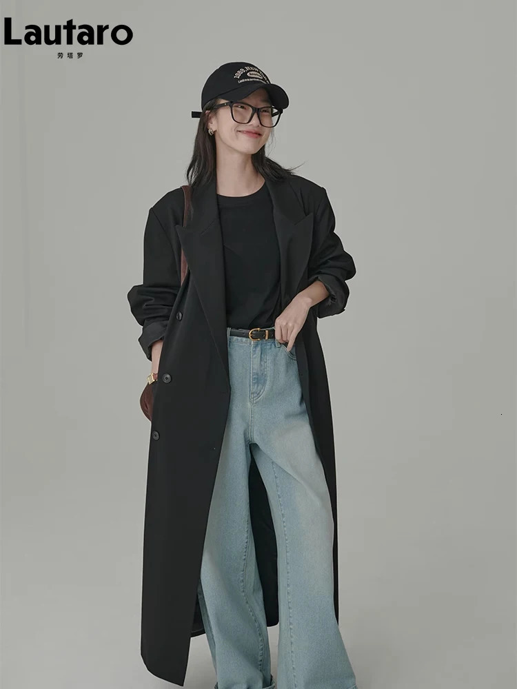 Lautaro Spring Autumn Long Loose Casual Flowy Black Trench Coat for Women Double Breasted Korean Style Maxi Overcoat 2023 251231