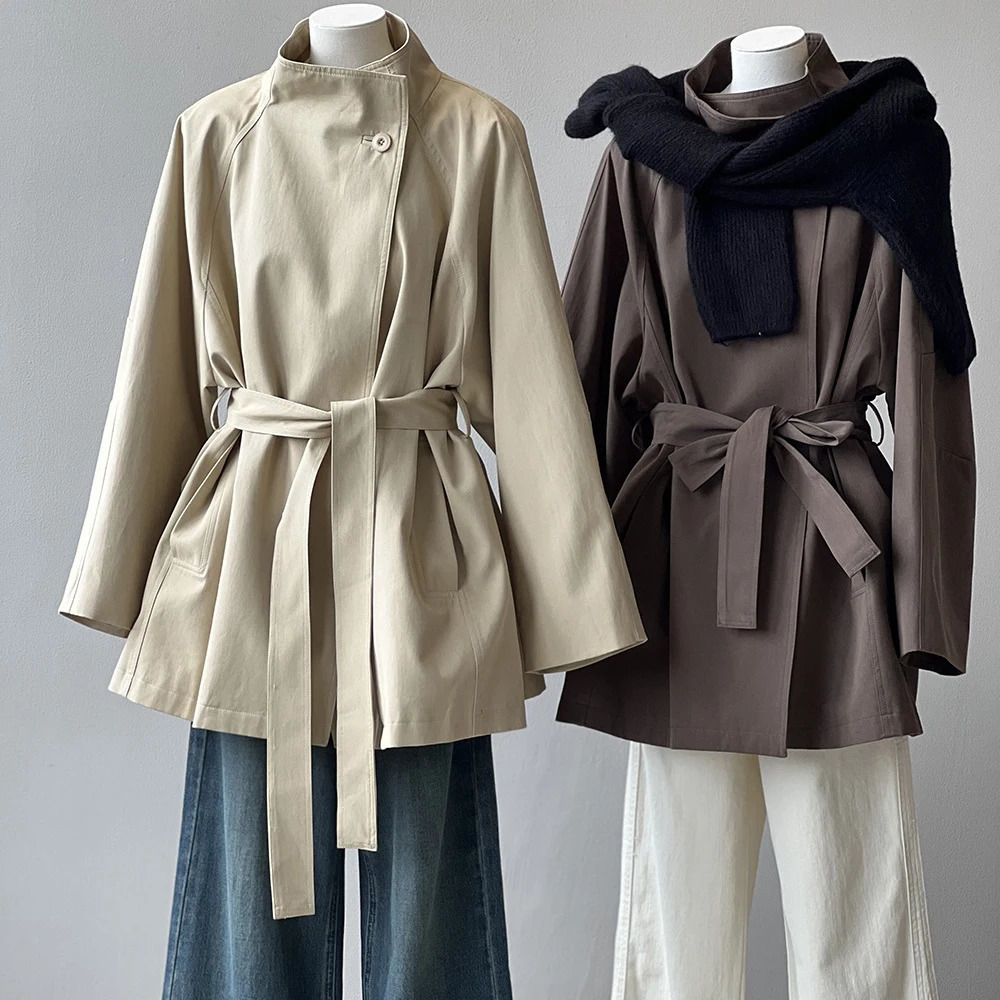 2025 Women Autumn Khaki Trench Coat Stand Collar Women Loose Style Coat With Belt Casaco Feminino Trench Femme 251226