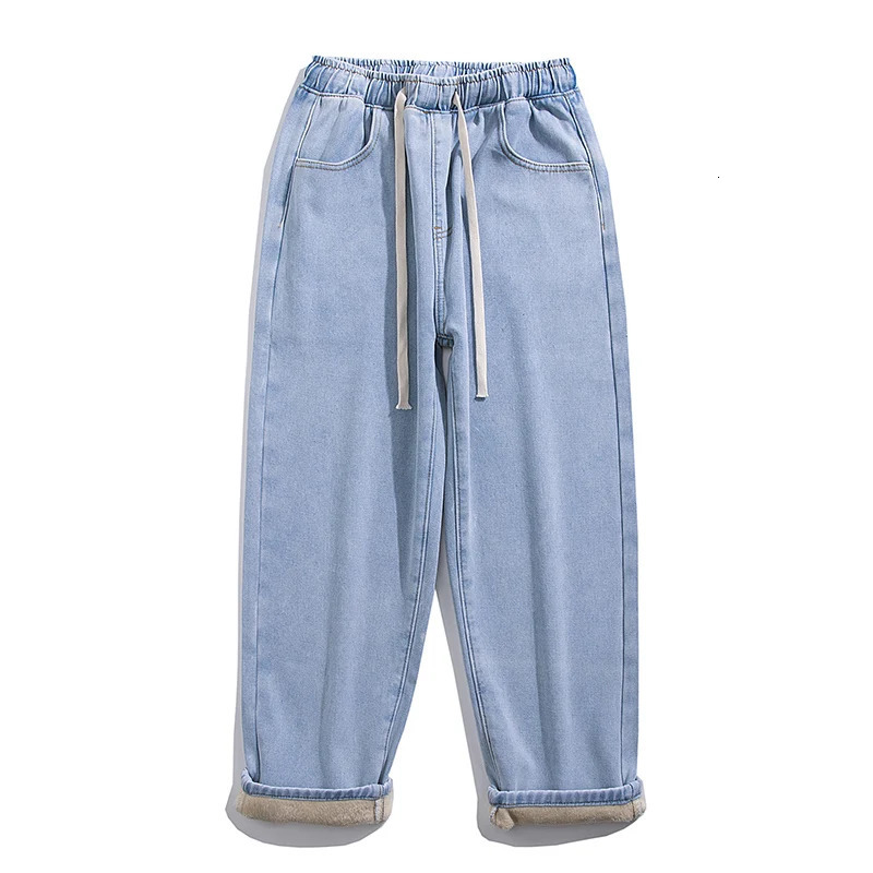 Classic Mens Winter Thick Wool Jeans Korean Street Hip Hop Loose Velvet Straight Leg Wide Pants Warm Blue Black 251226