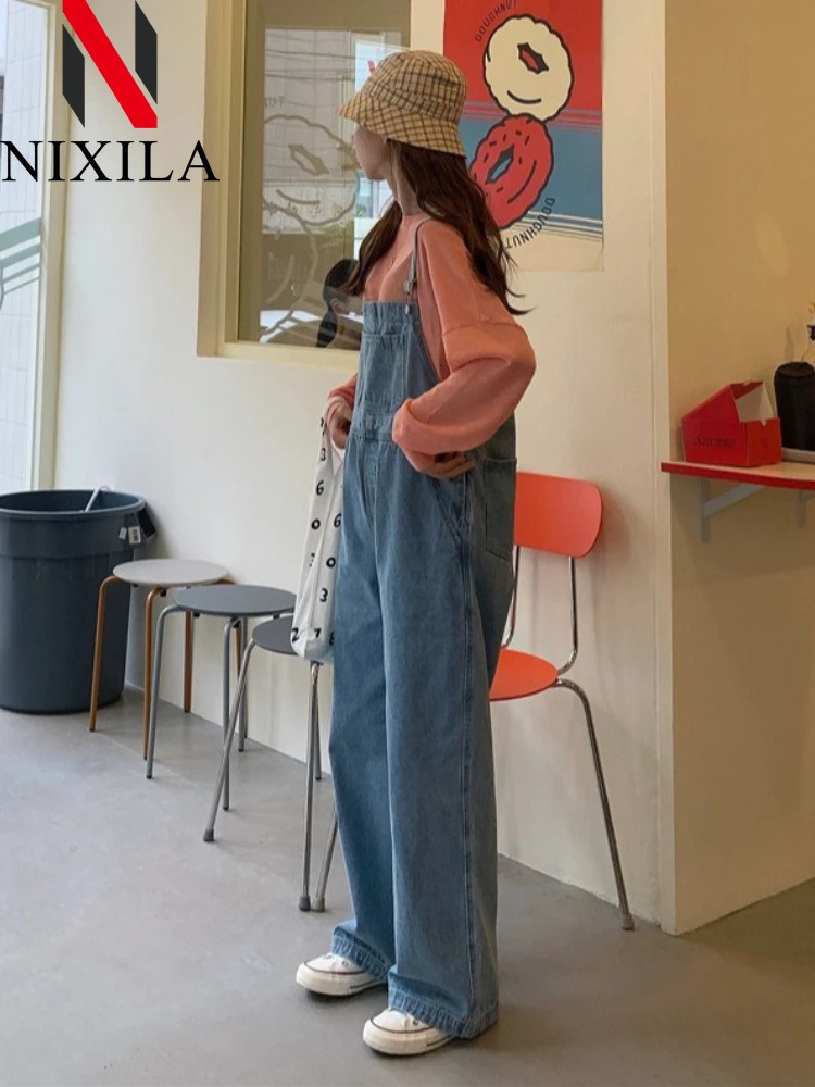 Spring Summer Korean Fashion Women Jeans Wide Leg Long Pants Rompers Straight Trousers Street Wear Overalls Jumpsuits 251226
