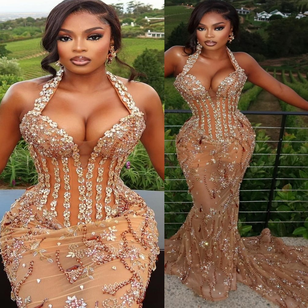 2026 Aso Ebi Champagne Mermaid Prom Dresses Halter Beaded Crystals See Through Evening Formal Party Second Birthday Engagement Gowns Dress For Special