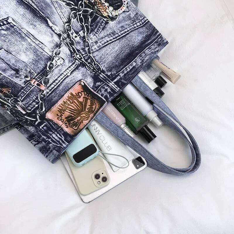Denim Printing Handbag 2026 Hot Sale Trend Casual Youth Tote Light Luxury Fashion Sewing Thread Sweet Shoulder Bags
