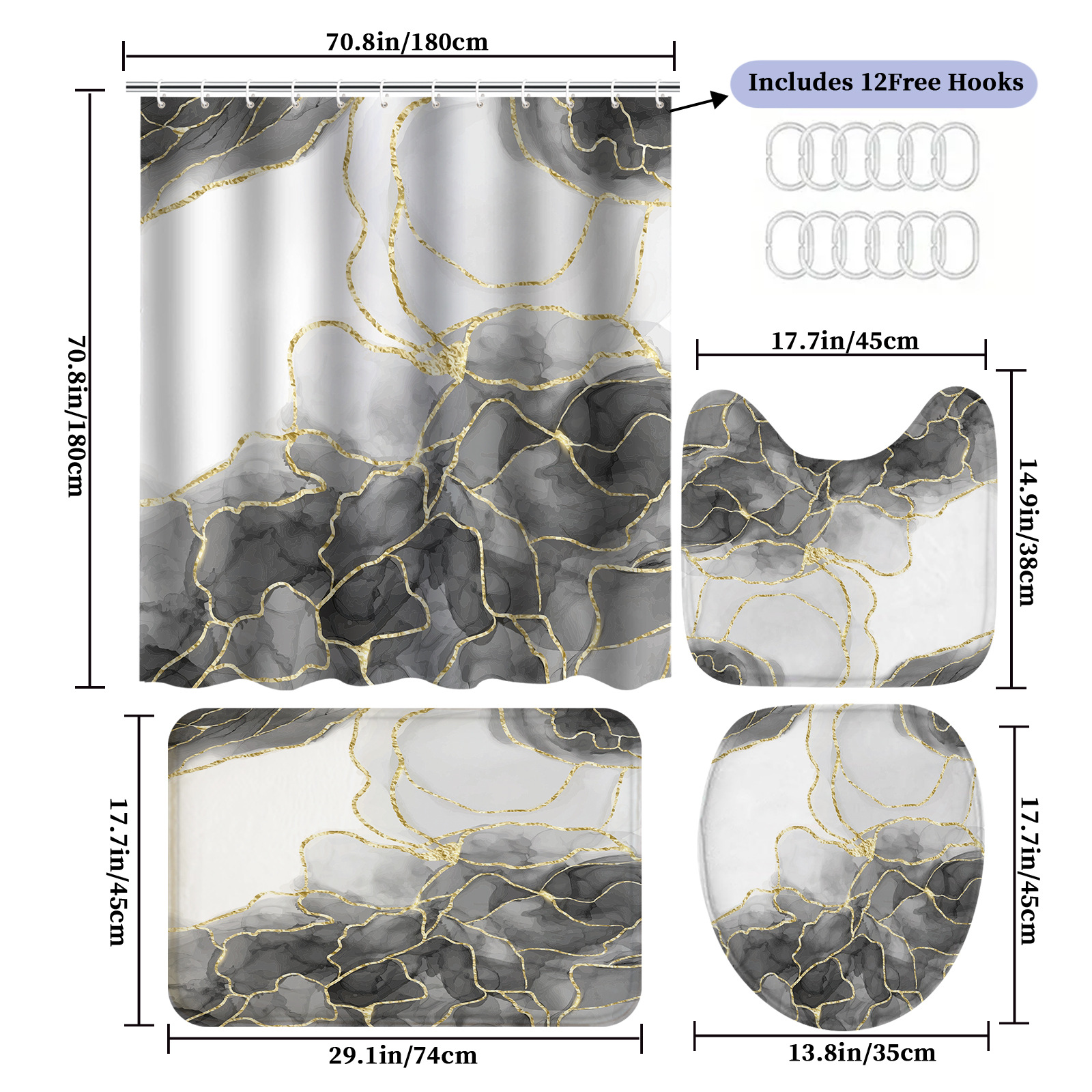 YL-38086 High-Definition Digital Printed Shower Curtain Set (4 Pieces), Waterproof, Drill-Free Bathroom Partition Curtain, Marble