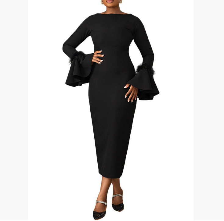 New European and American women's clothing autumn and winter new product solid color slim fit feather trumpet sleeve slit dress
