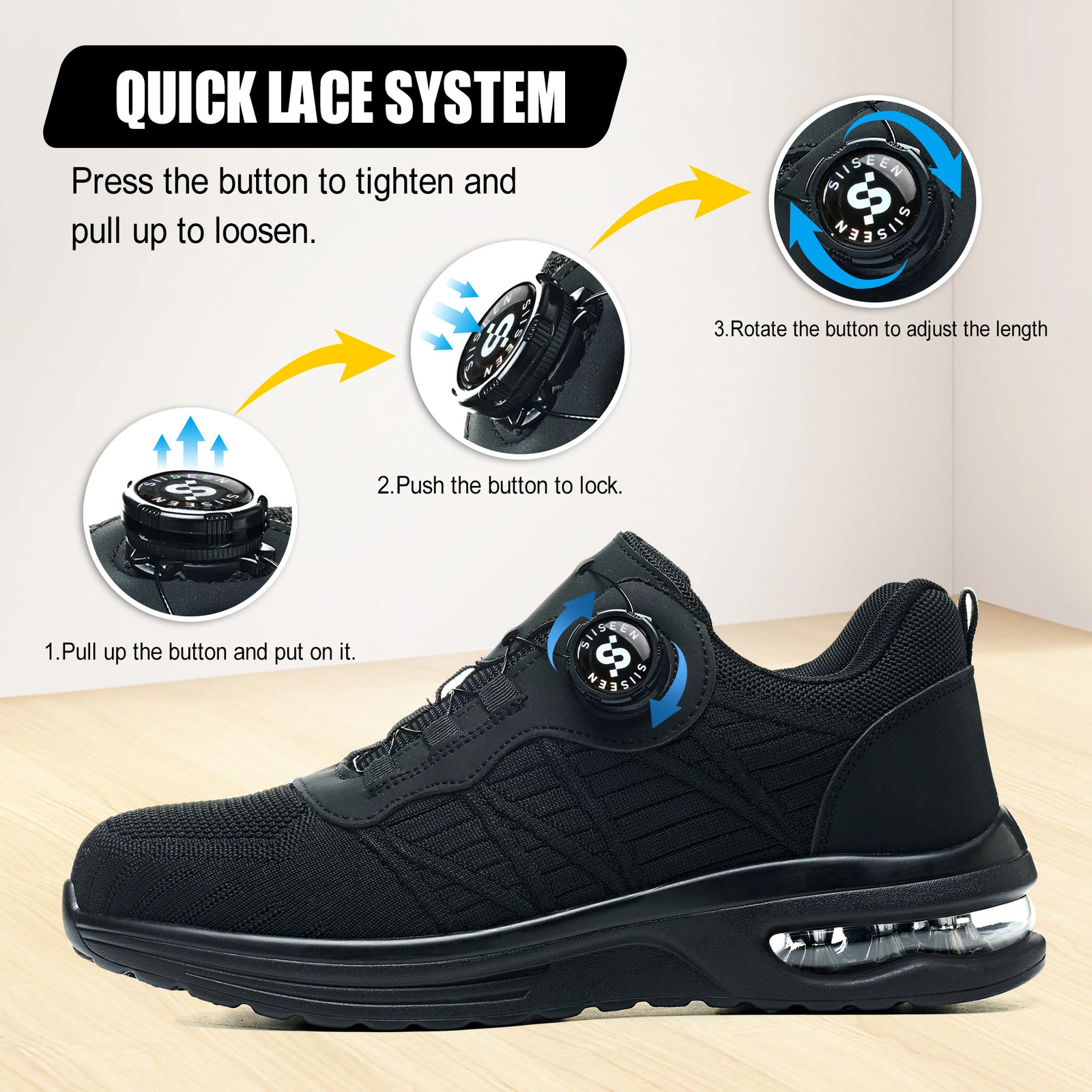 Mens Safety Shoes Steel Toe Anti- Crush Puncture Resistant Pure Black Button Air Cushion Lightweight Work Shoes 251226