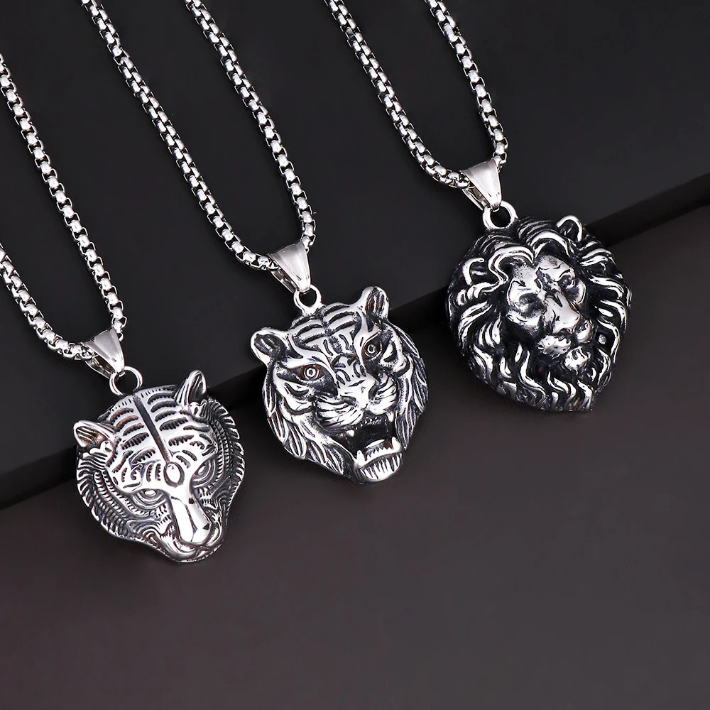 1PC Mens Stainless Steel Animal Wolf Pendant Necklace for Men Fadeless Tiger Lion Necklace Man Jewelry 251230