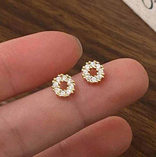Real 925 Sterling Silver Mini 14K Gold Zircon Hollow Round Stud Earring for Women Trendy Fine Jewelry Minimalist Accessories