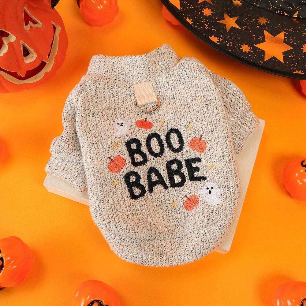 Pumpkin Ghost Halloween Crew Neck Pet Clothes Dog Cat Light Grey Funny Color English Embroidery Pullover Traction 26L0104