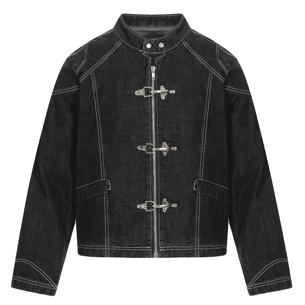 Men Plane Buckle Denim Jacket Vintage Short Style Jean Coat Casual Stand Collar Black Top Outerwear 251230