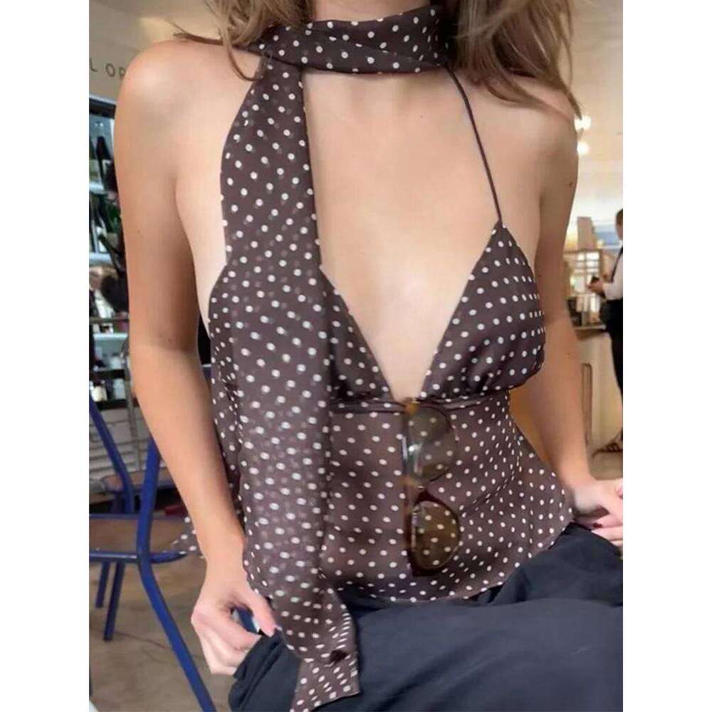 Y2k Tops Summer Women Vest Polka Dot Print Spaghetti Strap Sleeveless Camisole with Scarf Vintage Clothes Streetwear