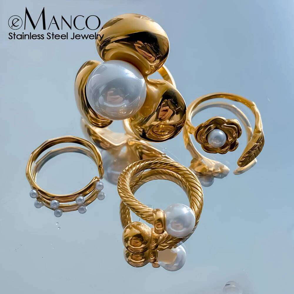 eManco Gold Color Stainless Steel Rings Set Baroque Style Floral Pearl Elements Dating Social Banquet Fashion Ring Jewelry