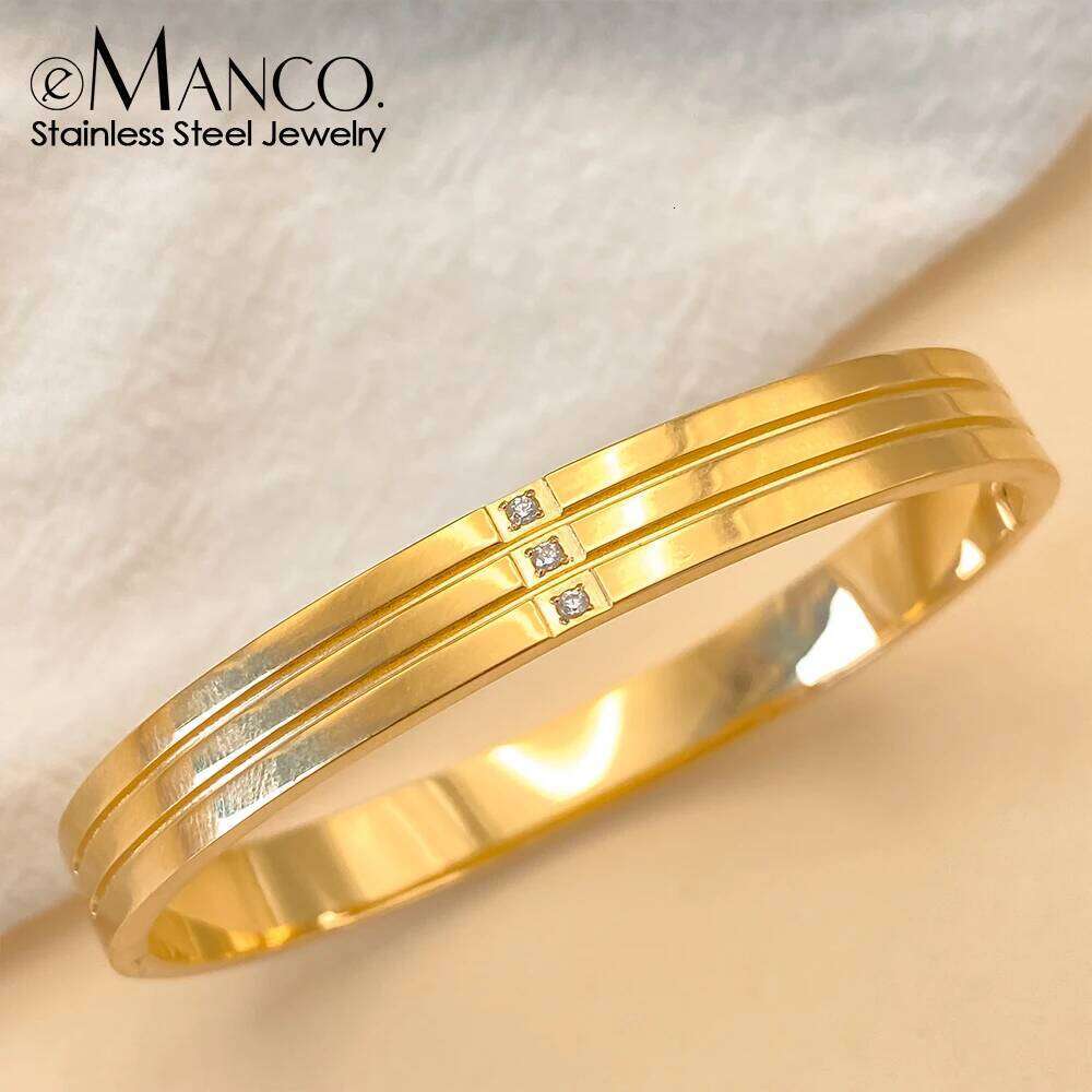 eManco Minimalist Glossy Stainless Steel Bracelet for Women Simple Trendy Inlaid Rhinestone Wrist Bangle Jewelry Gift