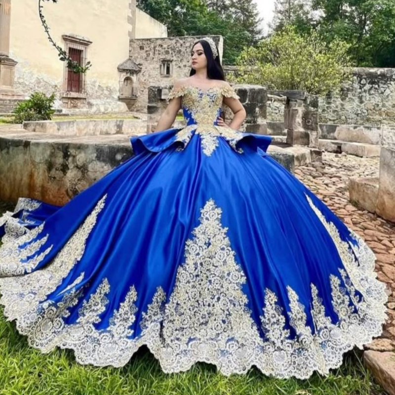 Royal Blue Shiny Quinceanera Dresses Off Shoulder Ball Gown Sweet 16 Dress Applique Lacee Beading Birthday Party Vestidos 15 De Anos