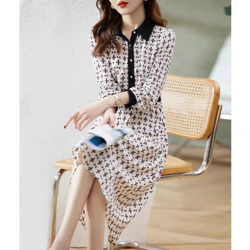 New Trendy Color-blocked Patchwork Pattern Casual And Simple Fitted Chiffon Long-sleeved Dress Shirt Dress Elegant Lady's Dress
