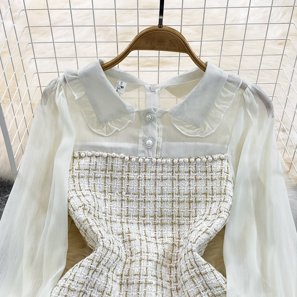 New Autumn Style French-style Chic And Elegant Slim-fit Chiffon Patchwork Tweed Long-sleeved Fitted A-line Skirt For Ladies With A Waistband