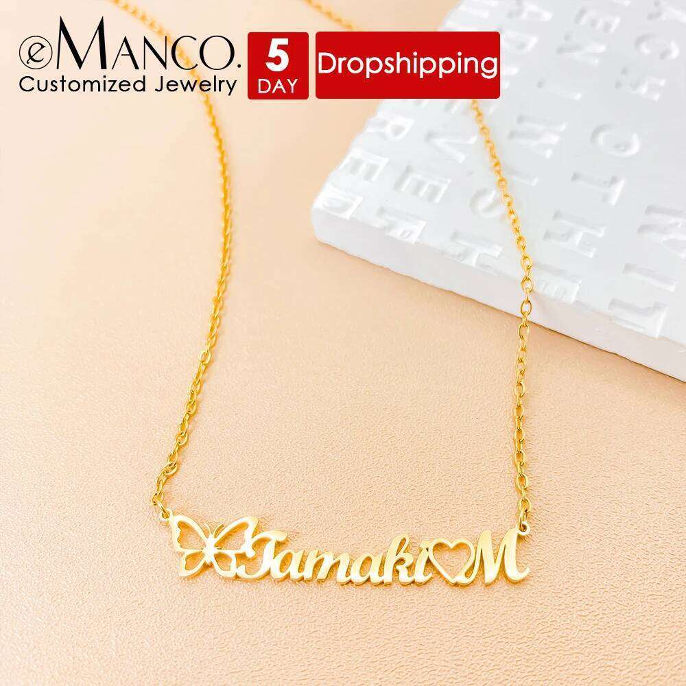 eManco Fashion New Customized Personalized Butterfly Name Necklaces Stainless Steel Letter Pendant Ladies Jewelry