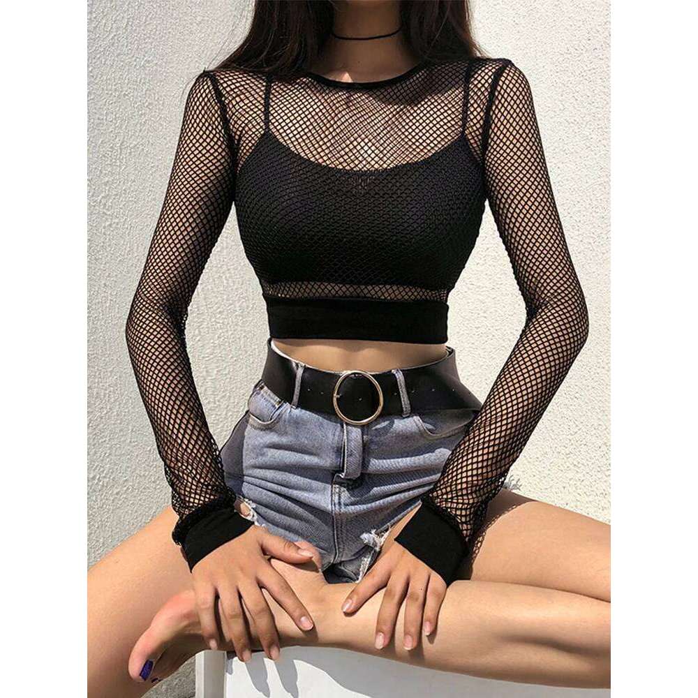 Sexy Black Hollow Out Mesh T-Shirt Female Skinny Crop Top 2025 New Fashion Summer Basic Tops For Women Fishnet Shirt