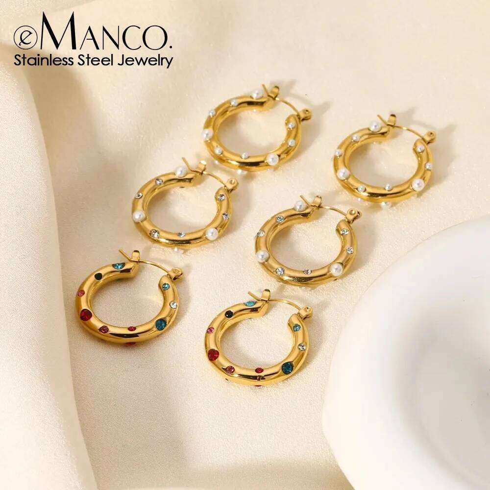 eManco Stainless Steel Imitation Pearls White Rhinestones Women's Hoop Earrings Retro Temperament Jewelry Factory direct sales