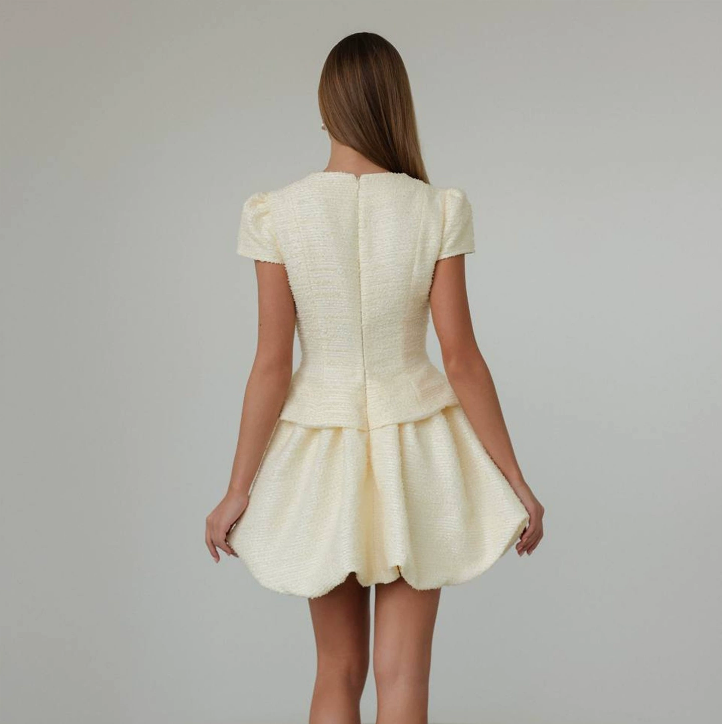 Tweed Puffy Sleeve Shirt Bubble Skirt Set Lady Retro Chic Solid Button Slim Shirts Mini Skirts Sets Women 2026 Party Outfits