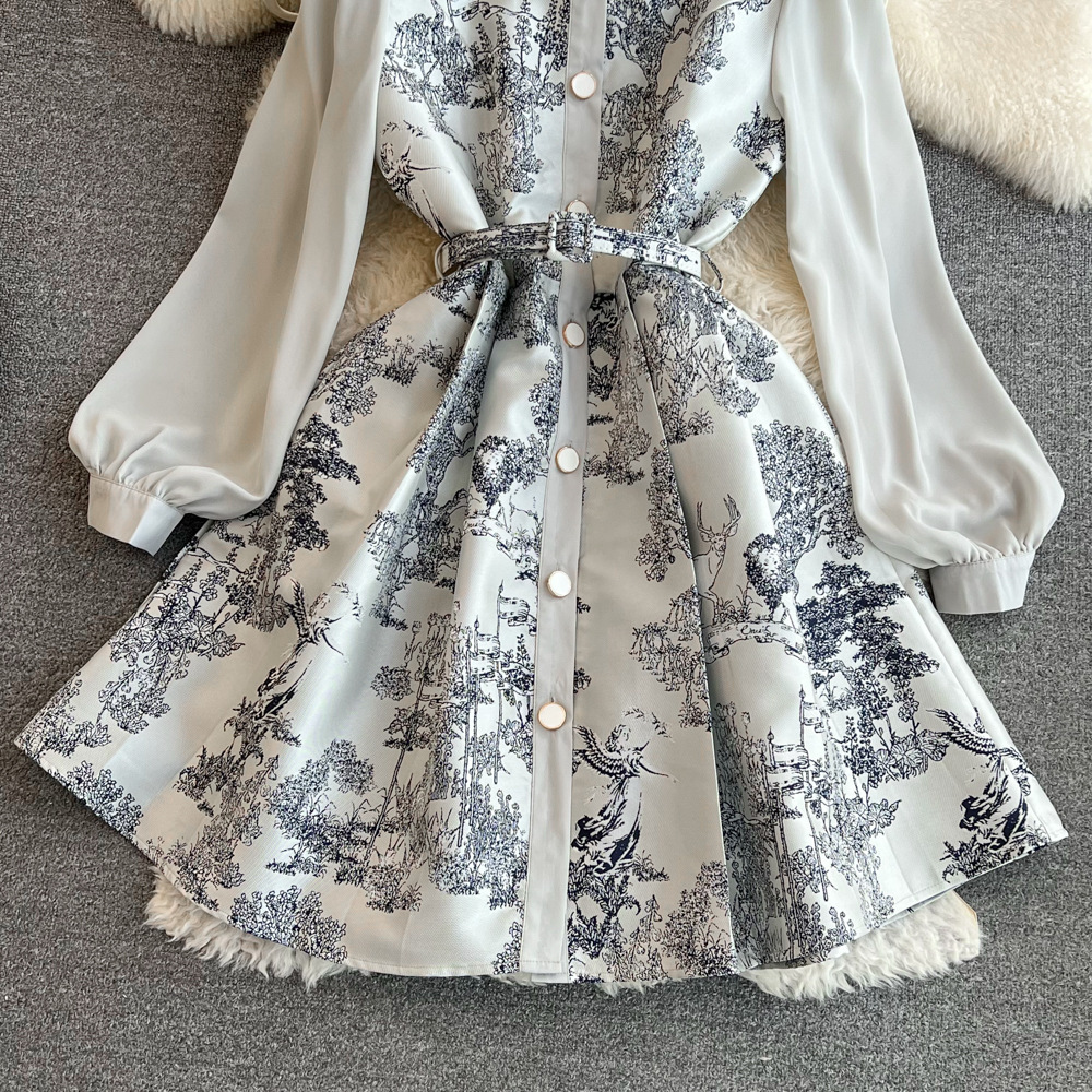 Fashionable Socialite Elegant, Fluffy Long-sleeved With A Narrow Waist Fitted And Tight Design A-shaped Single-button Ink Painting Pattern Shirt